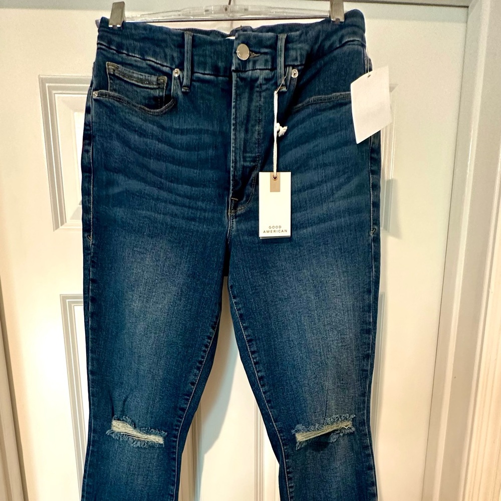 Good American Good Waist Crop High Waist Dark Blue Distressed Skinny Jeans. NWT
